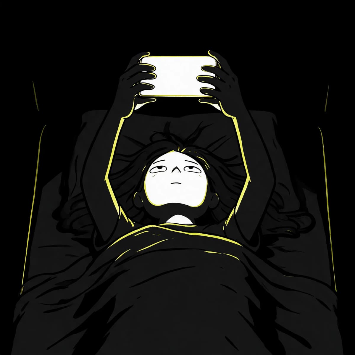 Alyssa in bed at 11pm, searching for the problem on her phone